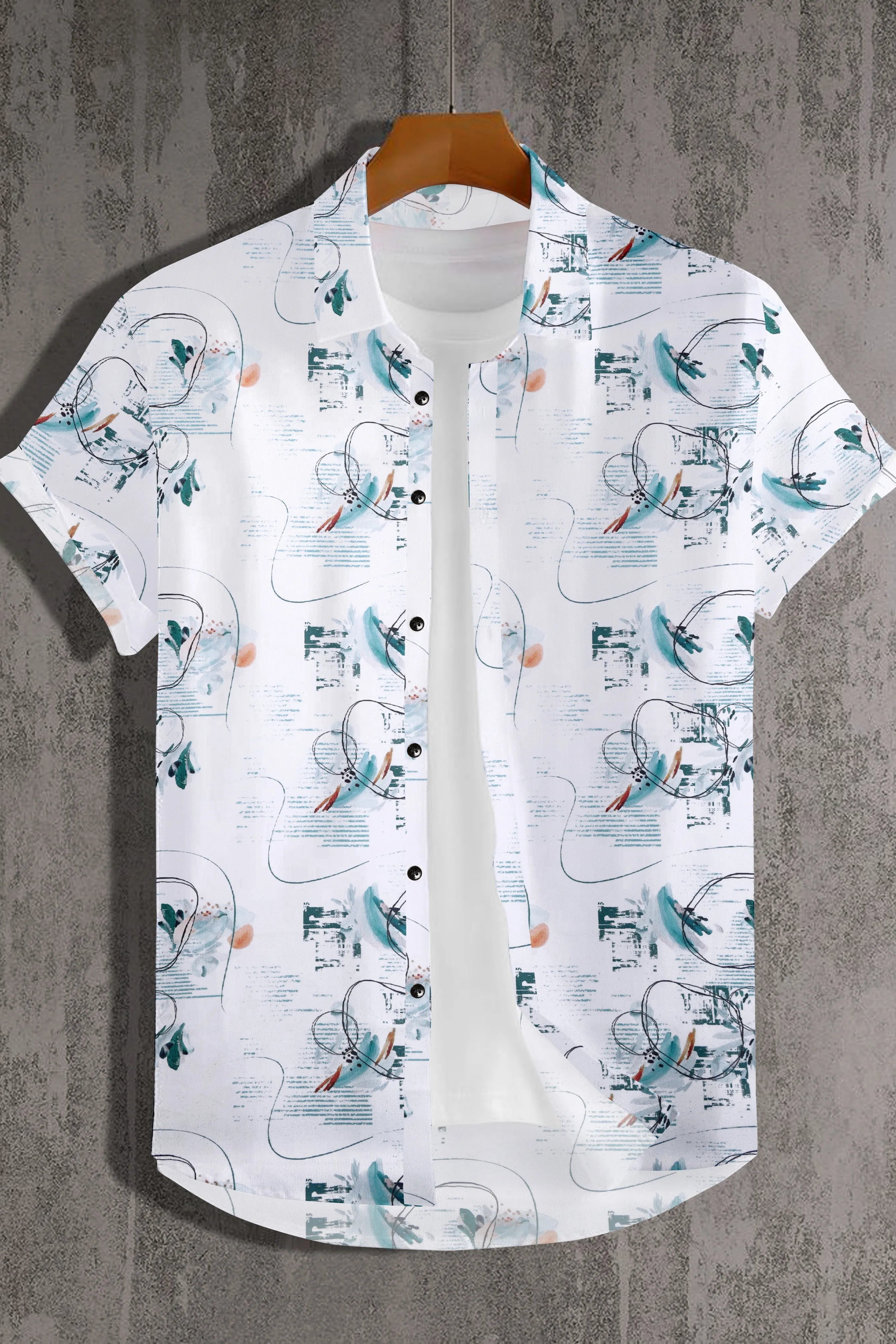 Short-sleeve shirt with tennis racket pattern on a textured gray background