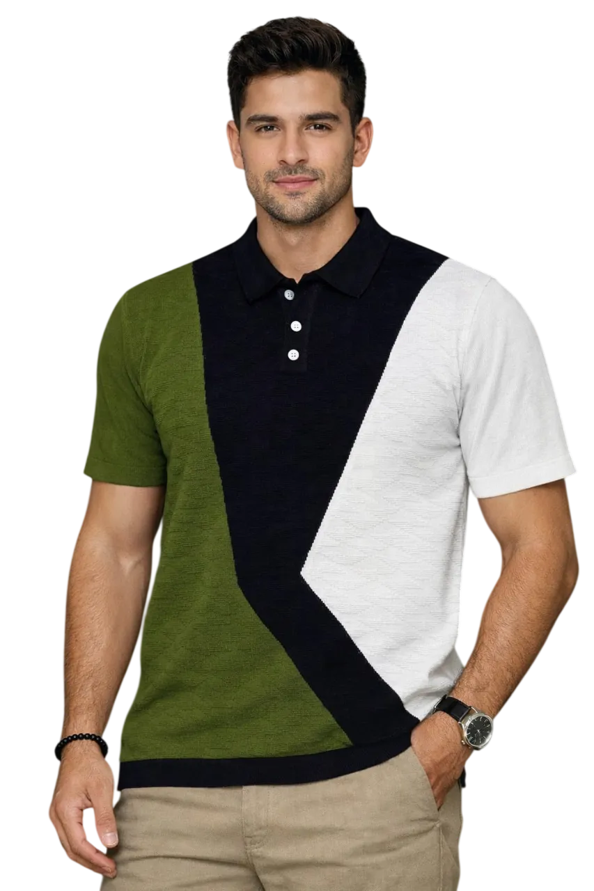 Geometric Colourblock Knit Polo T-Shirt – Black