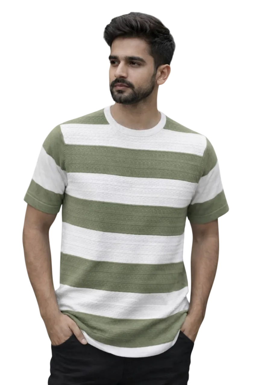 Textured Bold Stripe Knit T-Shirt – Olive Green