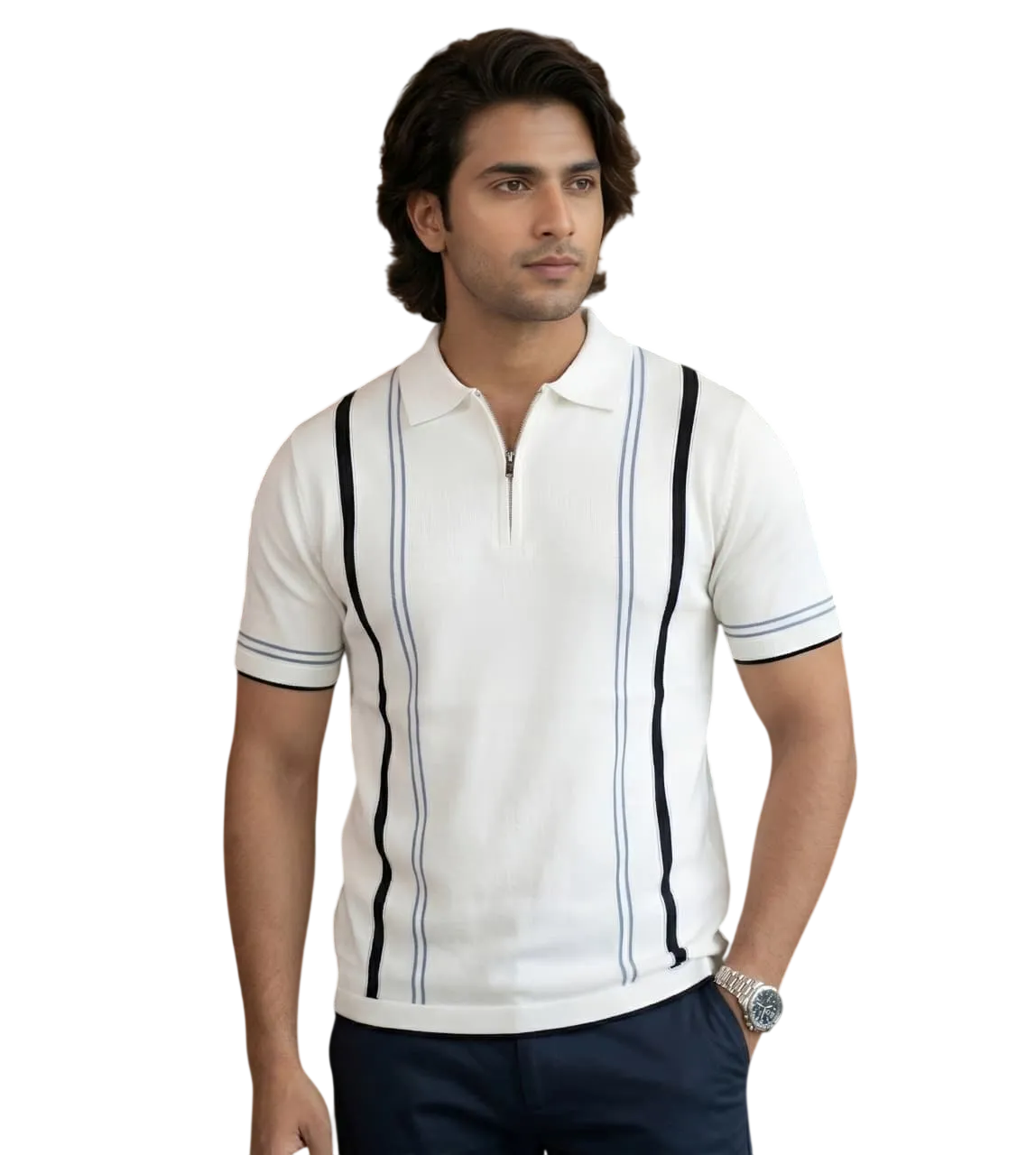 Luxe Stripe Zip Polo – Ivory White