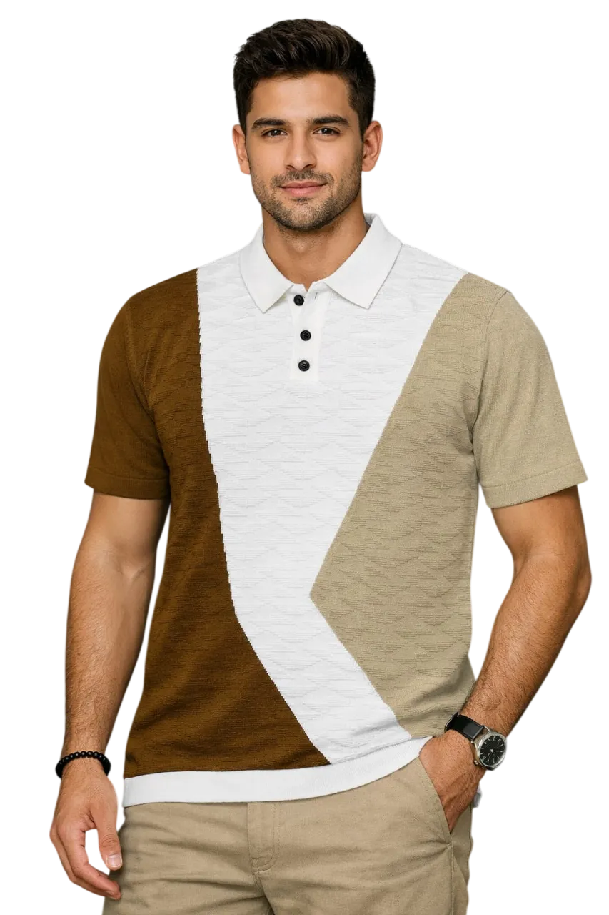 Geometric Colourblock Knit Polo T-Shirt – Ivory White