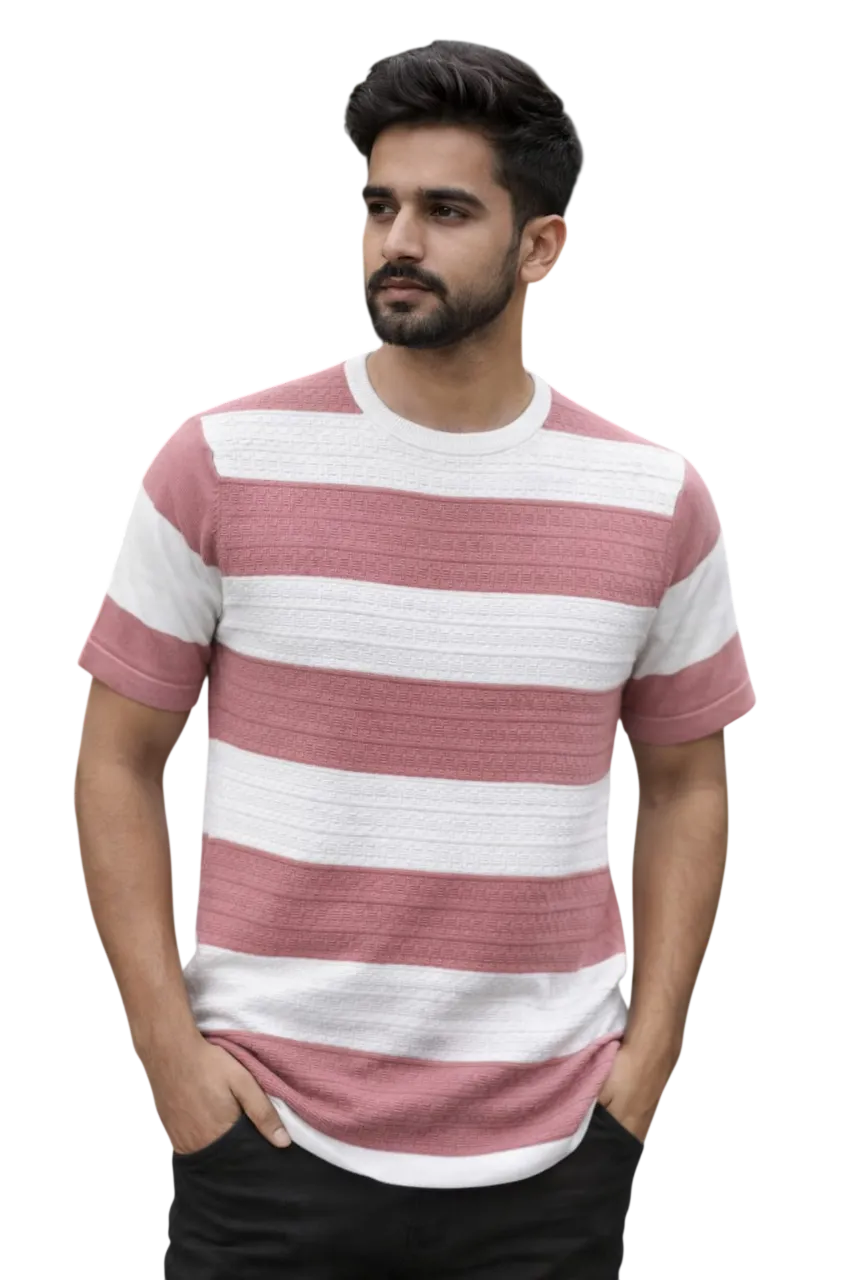 Textured Bold Stripe Knit T-Shirt – Pink