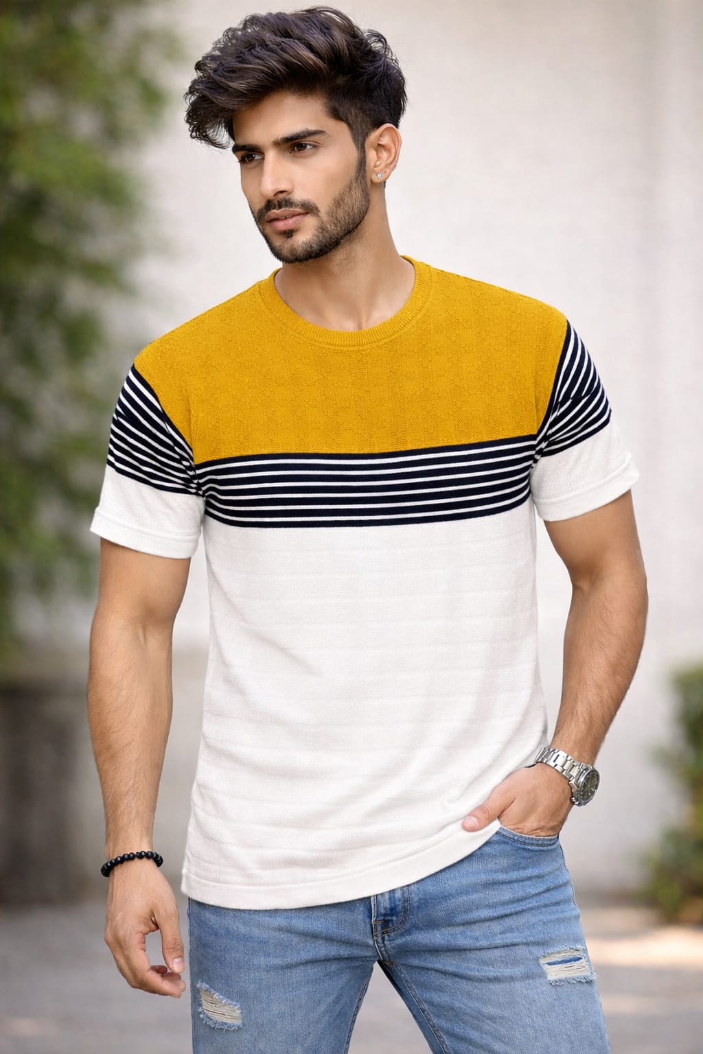 Luxe Striped Knit T-Shirt - Yellow