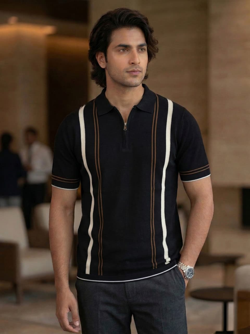 Luxe Stripe Zip Polo – Black