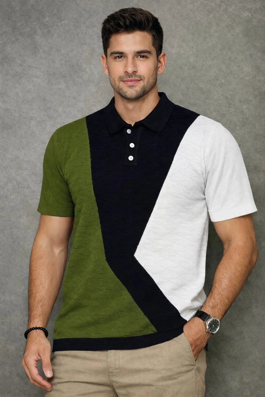 Geometric Colourblock Knit Polo T-Shirt – Black