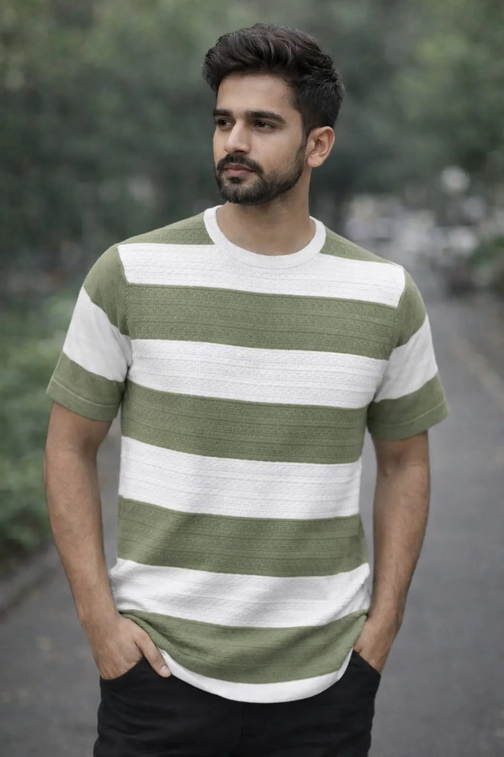 Textured Bold Stripe Knit T-Shirt – Olive Green