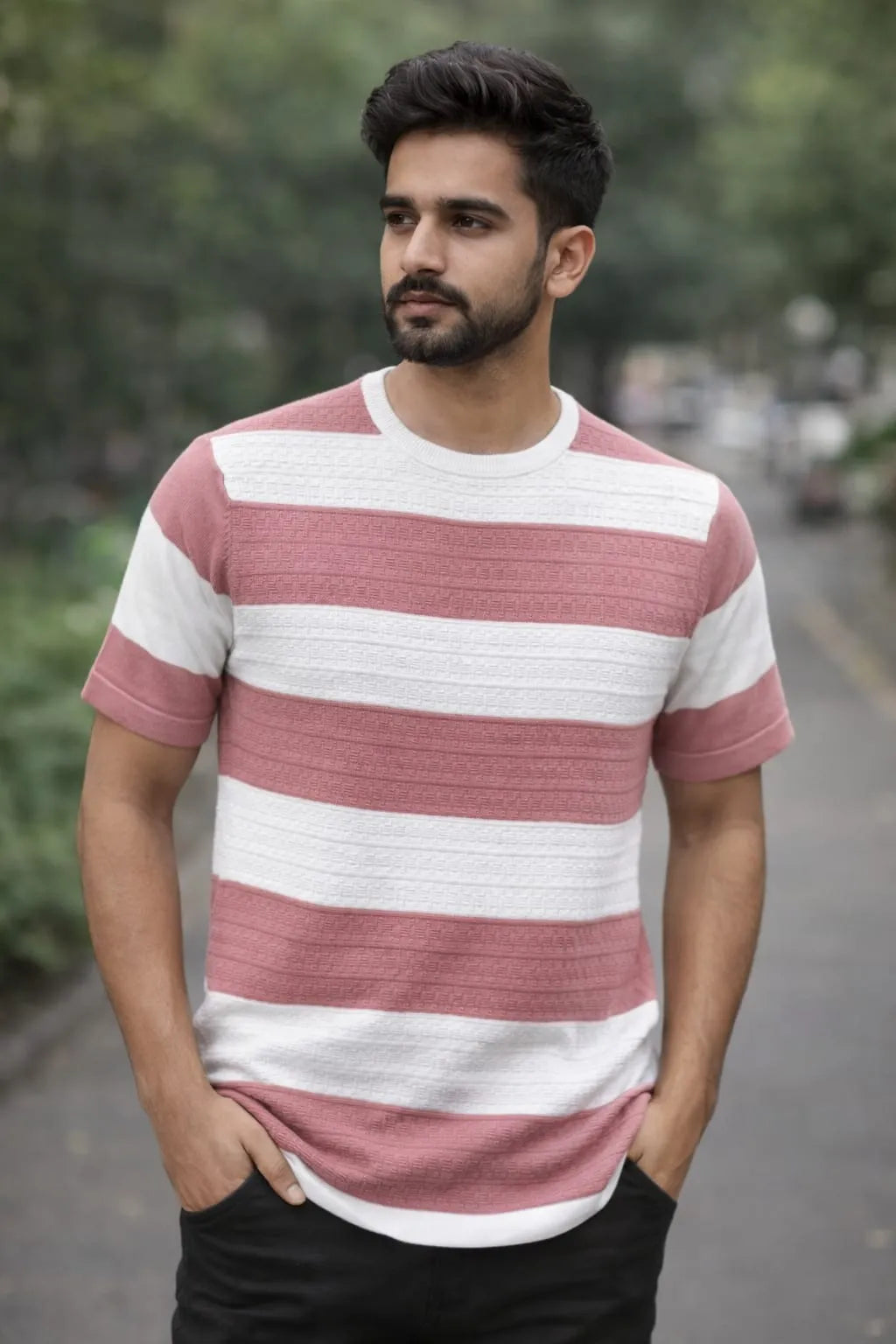 Textured Bold Stripe Knit T-Shirt – Pink
