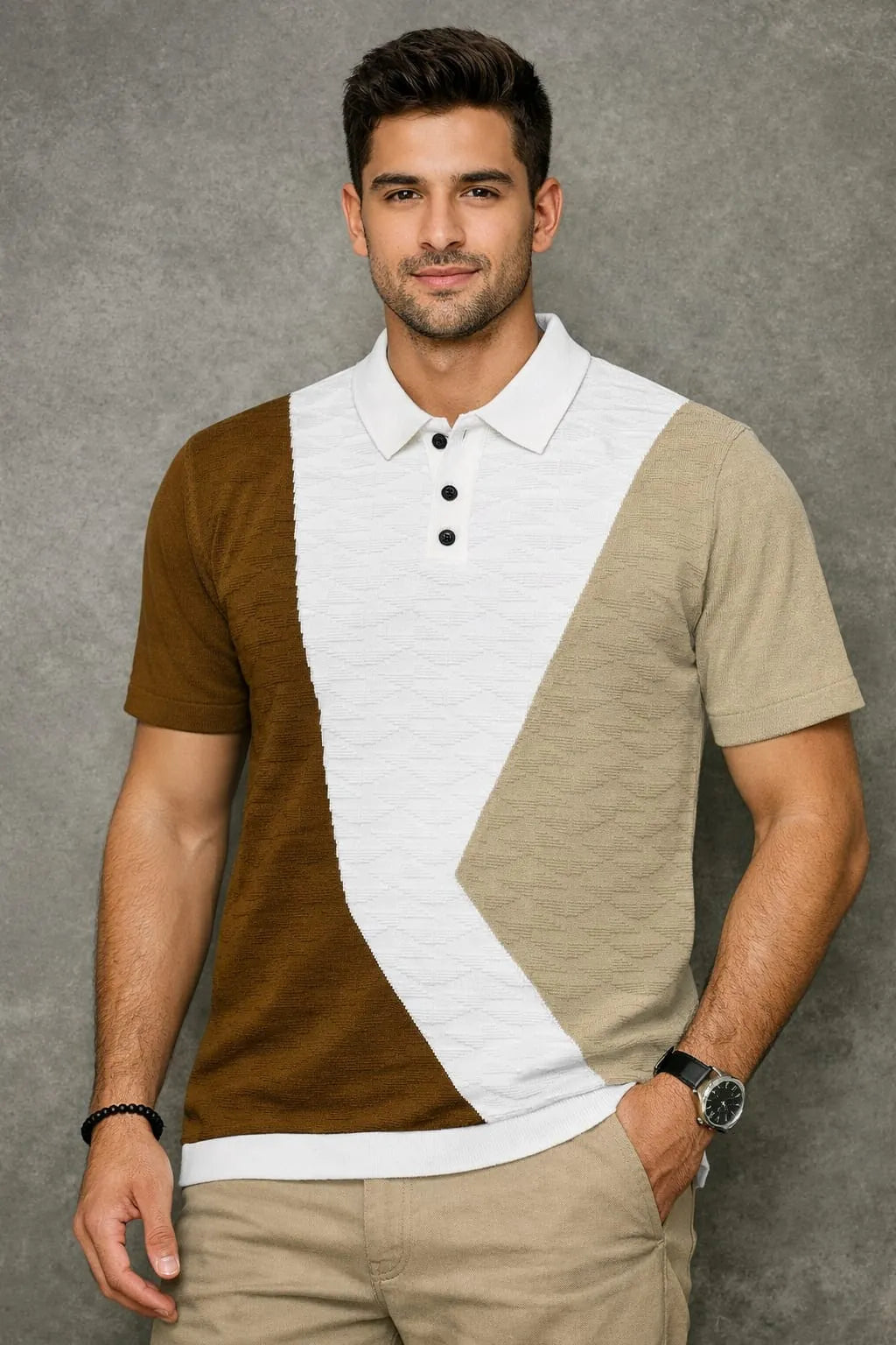 Geometric Colourblock Knit Polo T-Shirt – Ivory White