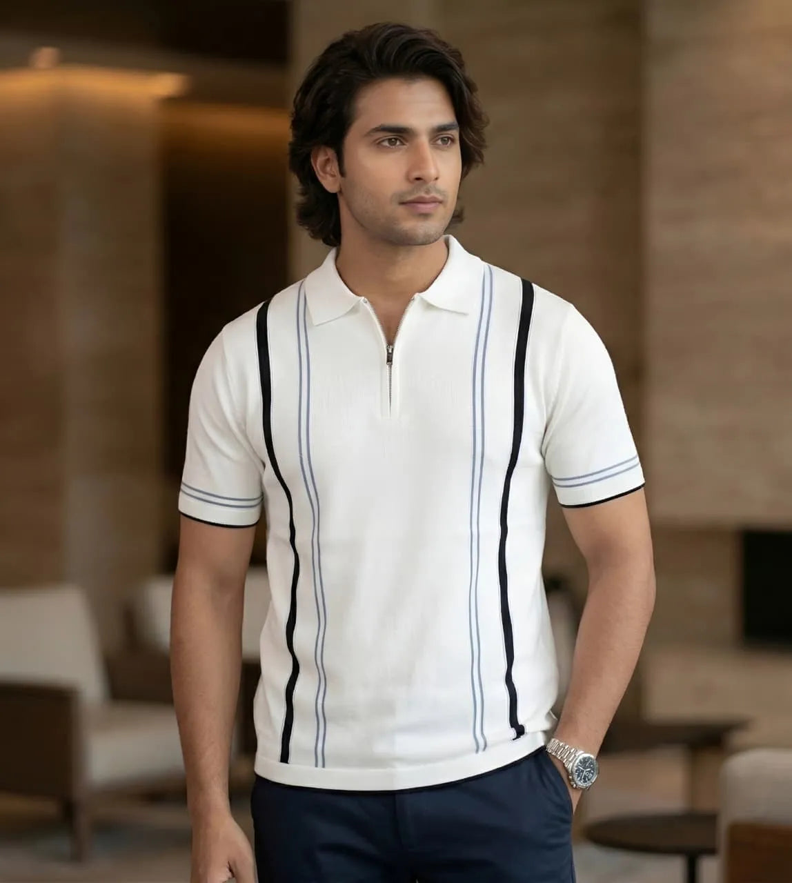 Luxe Stripe Zip Polo – Ivory White