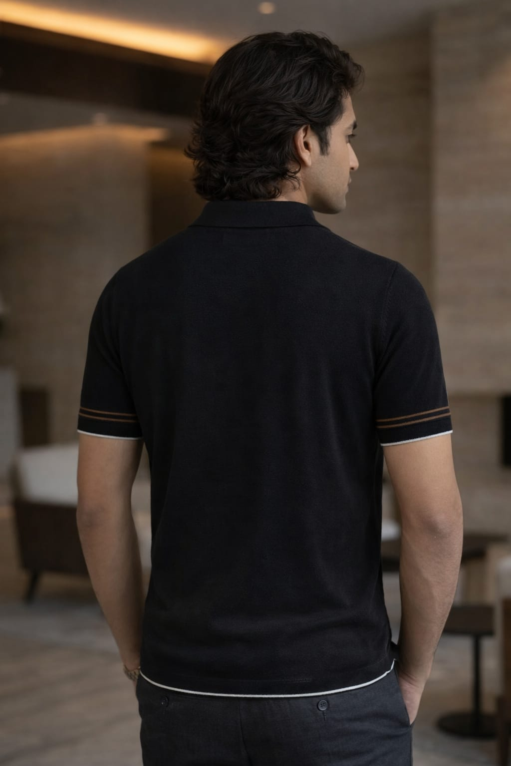 Luxe Stripe Zip Polo – Black