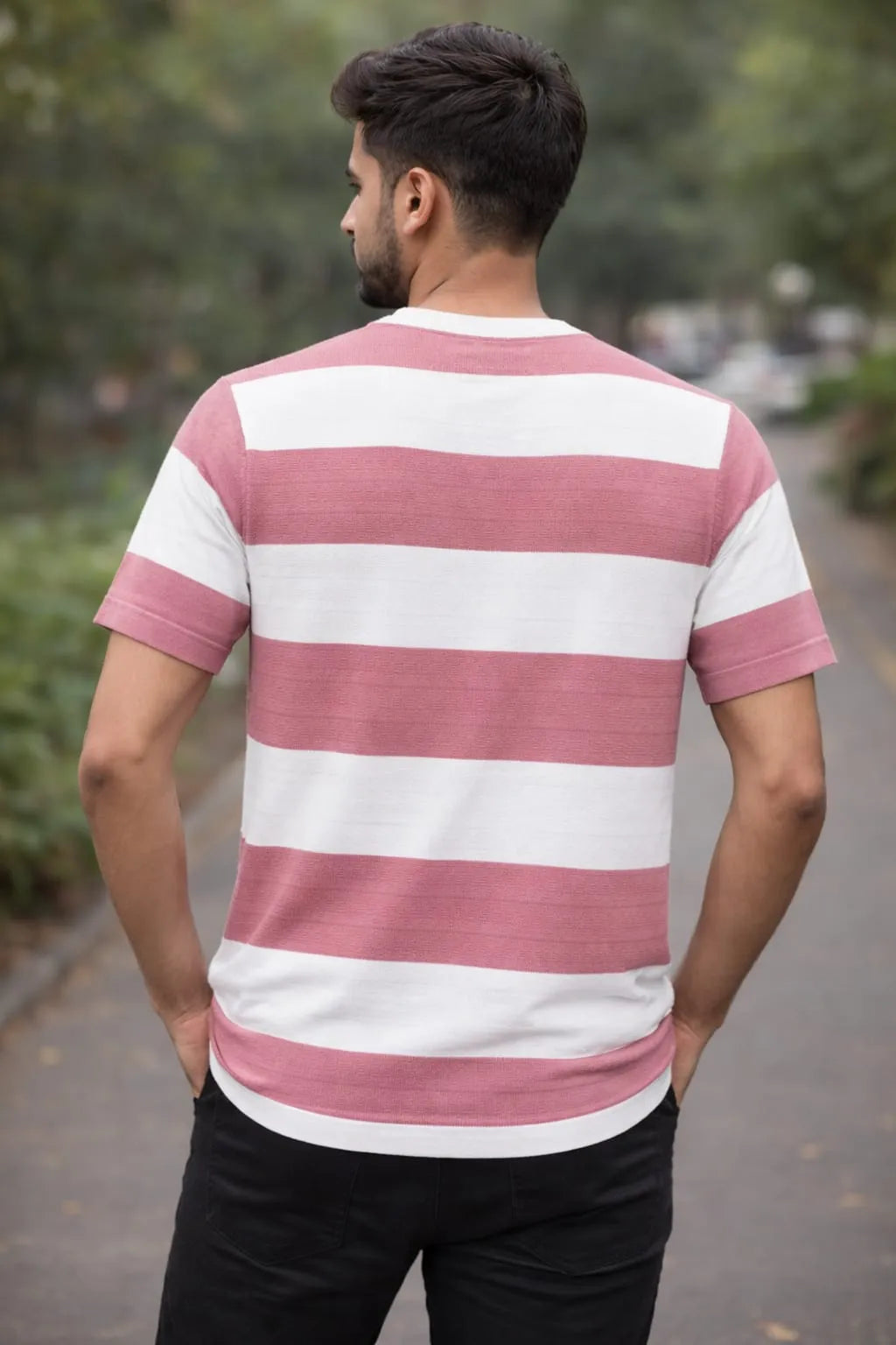 Textured Bold Stripe Knit T-Shirt – Pink