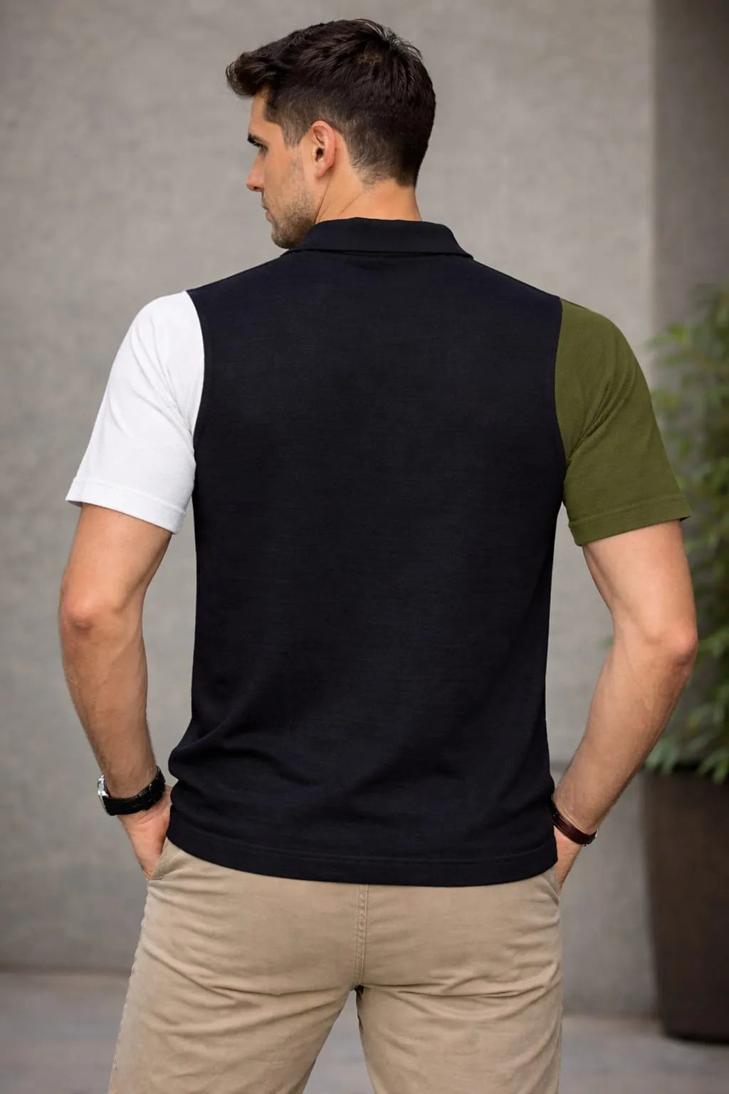 Geometric Colourblock Knit Polo T-Shirt – Black