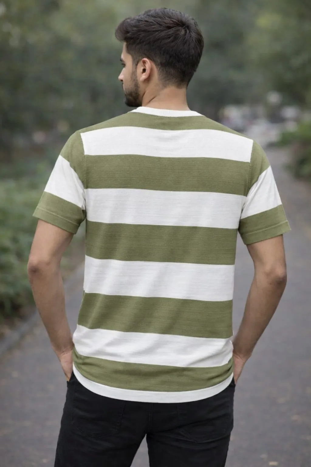 Textured Bold Stripe Knit T-Shirt – Olive Green