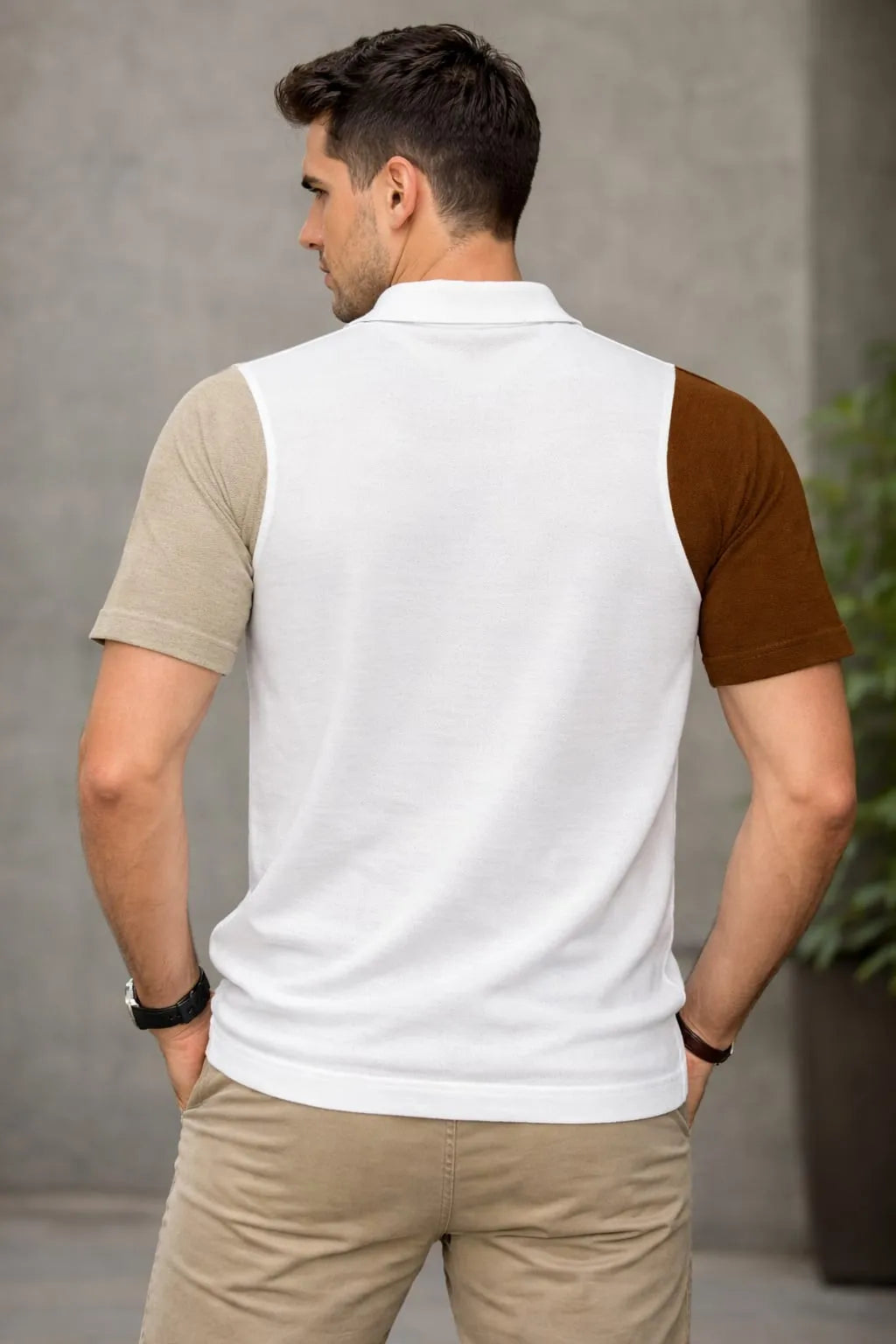 Geometric Colourblock Knit Polo T-Shirt – Ivory White