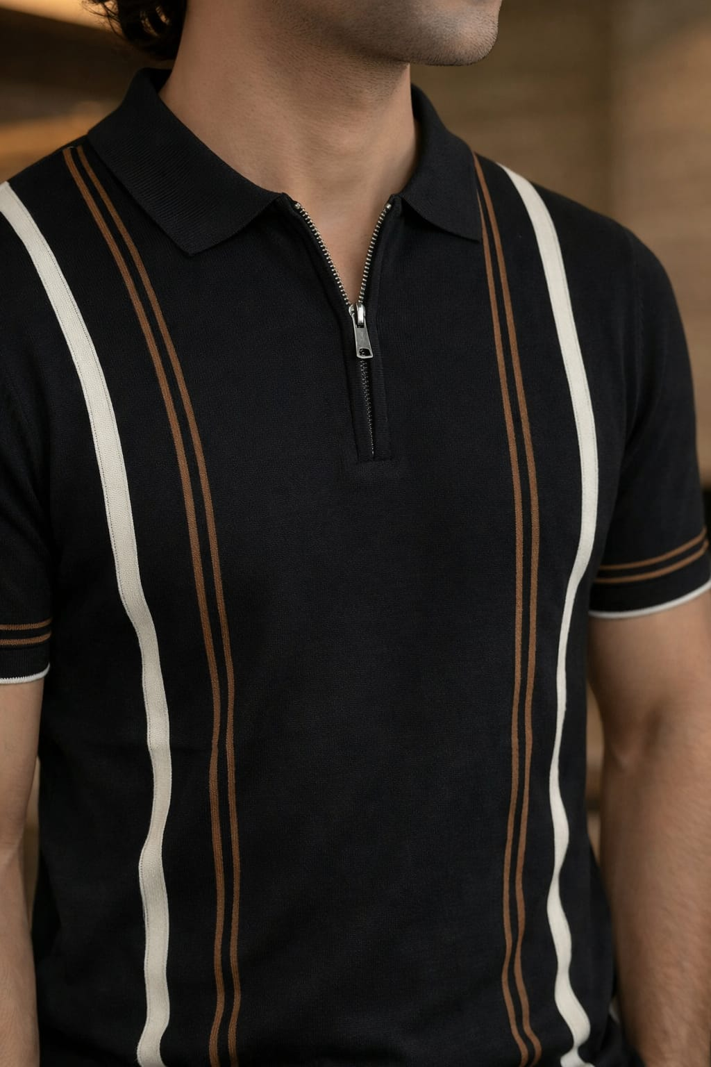 Luxe Stripe Zip Polo – Black
