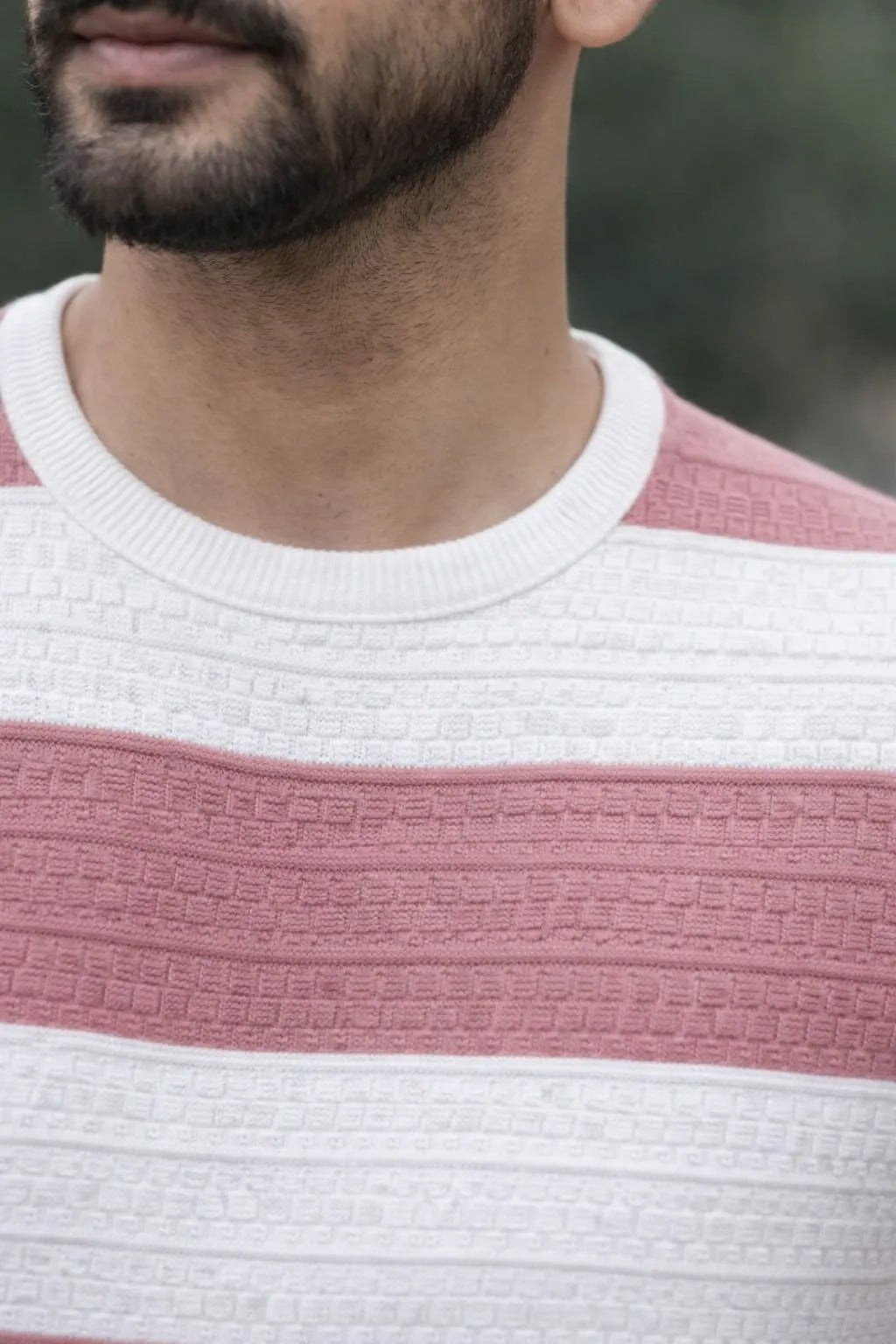 Textured Bold Stripe Knit T-Shirt – Pink