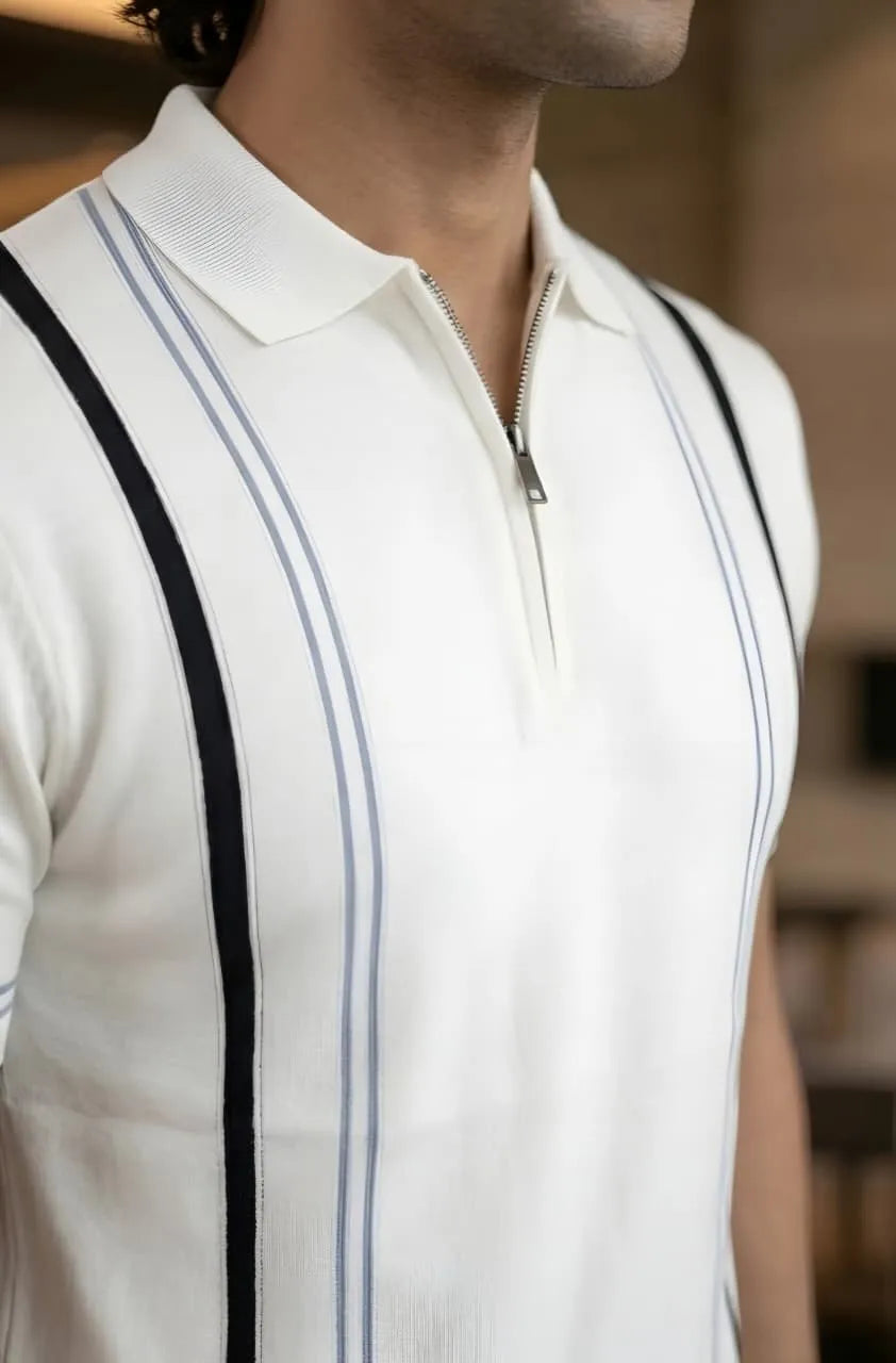 Luxe Stripe Zip Polo – Ivory White