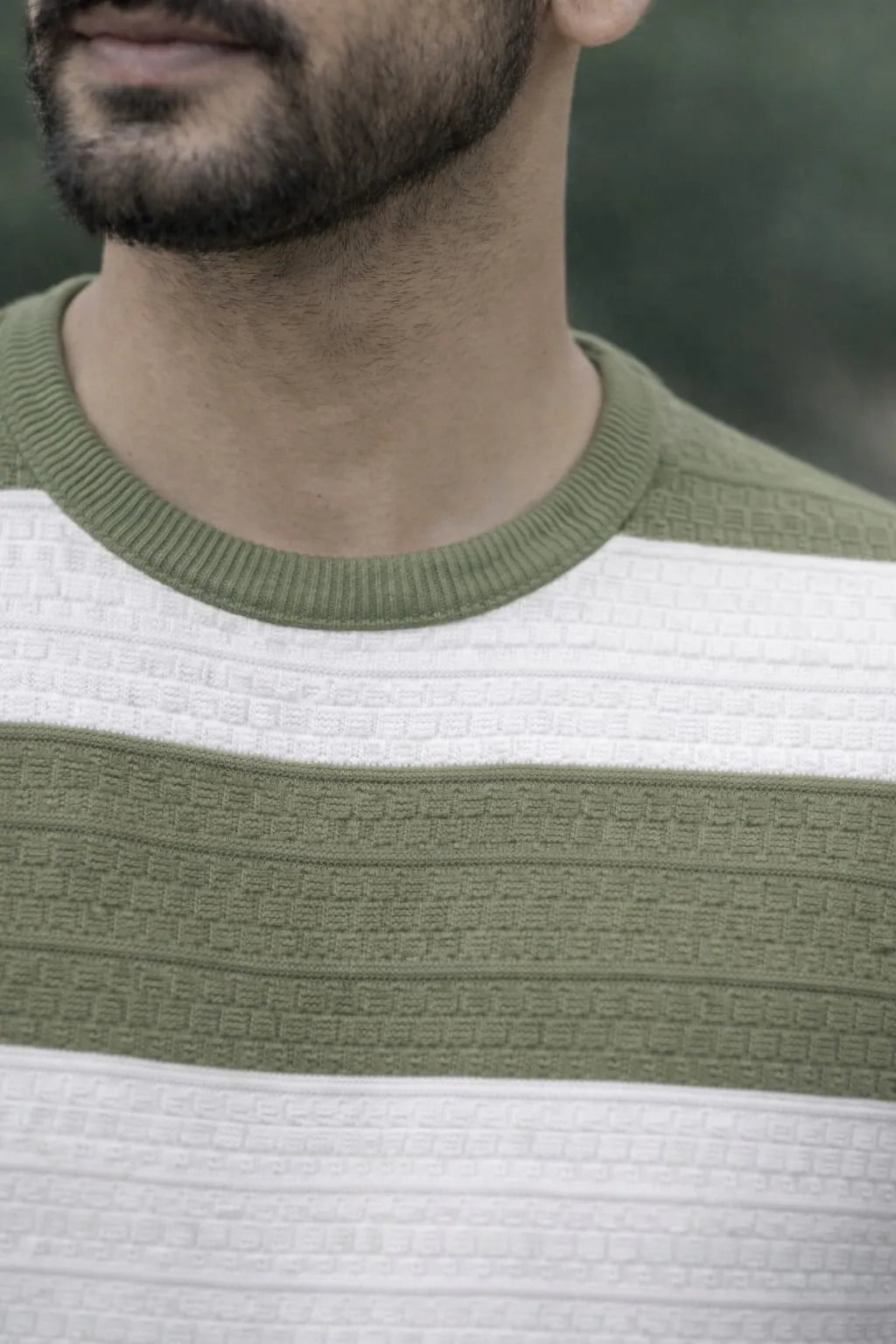 Textured Bold Stripe Knit T-Shirt – Olive Green