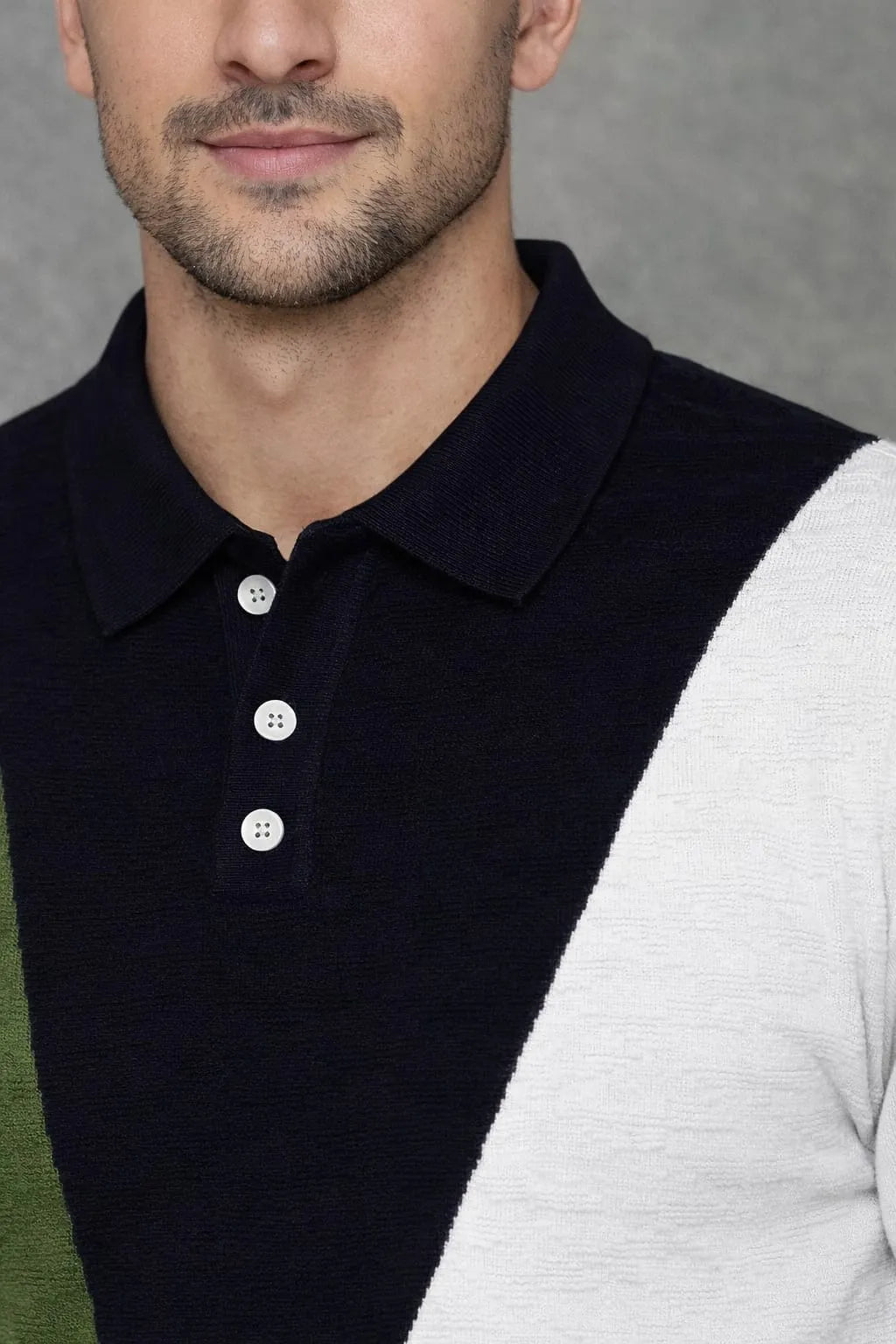 Geometric Colourblock Knit Polo T-Shirt – Black