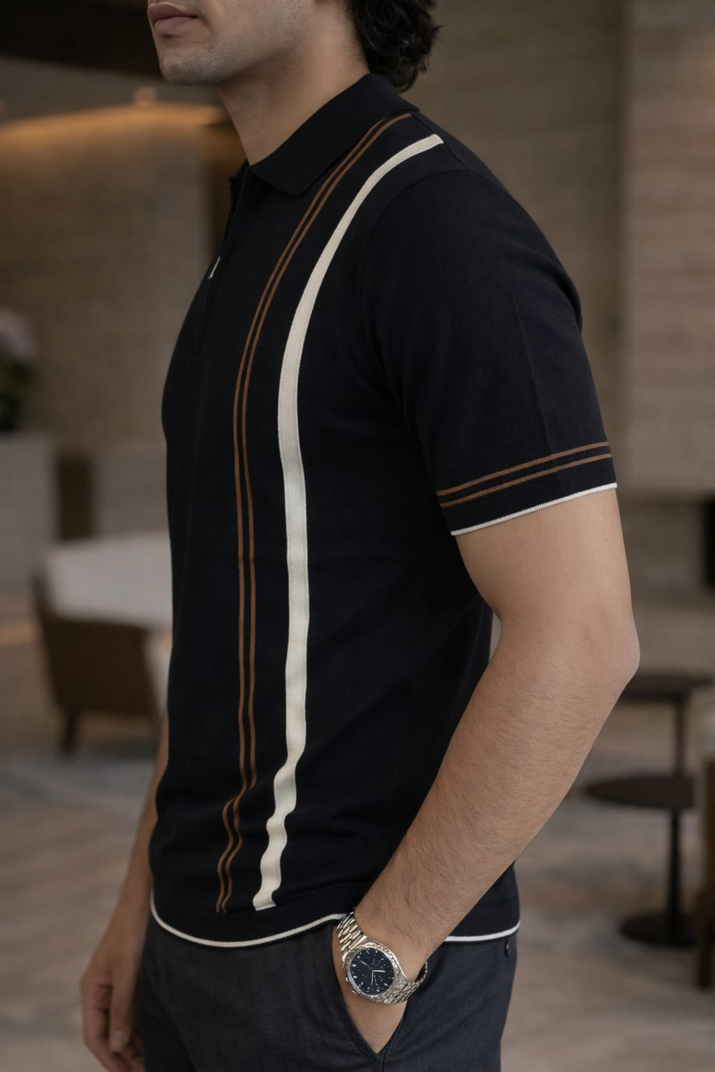 Luxe Stripe Zip Polo – Black