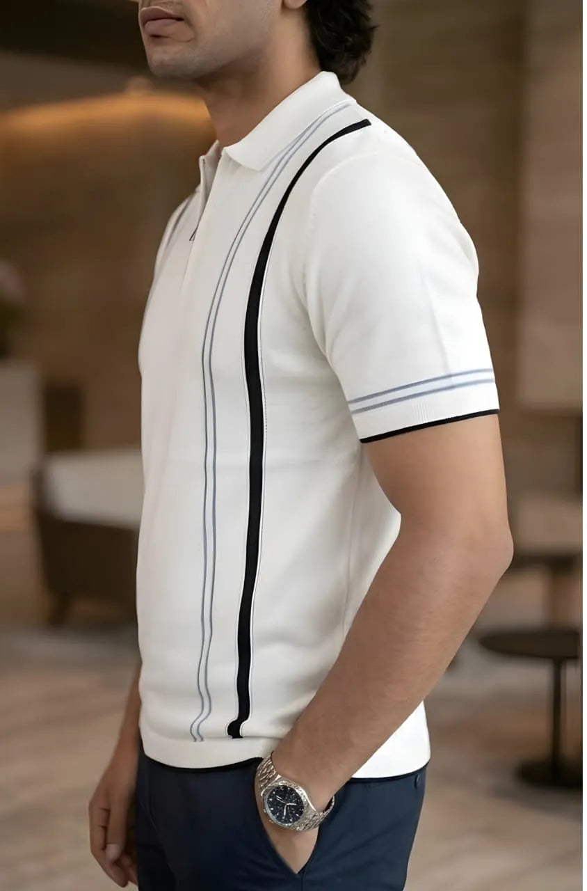Luxe Stripe Zip Polo – Ivory White