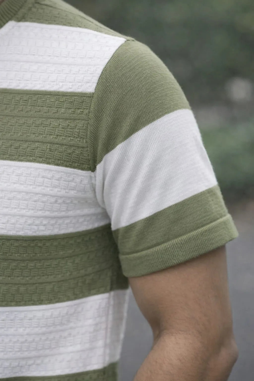Textured Bold Stripe Knit T-Shirt – Olive Green