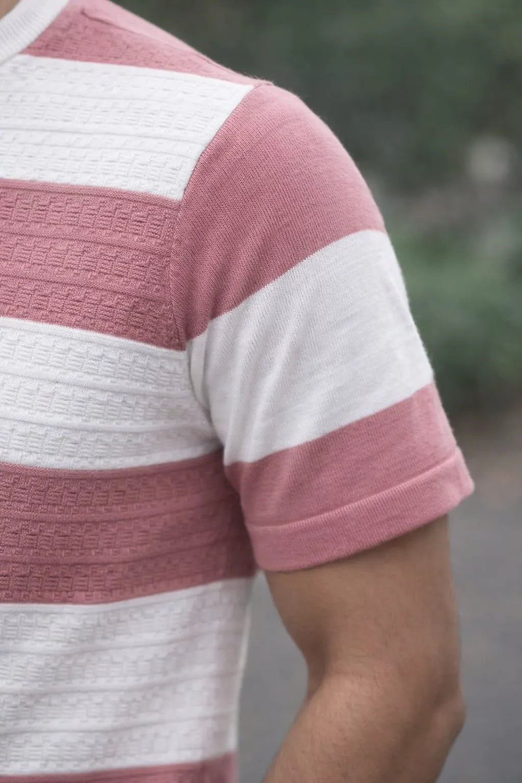 Textured Bold Stripe Knit T-Shirt – Pink