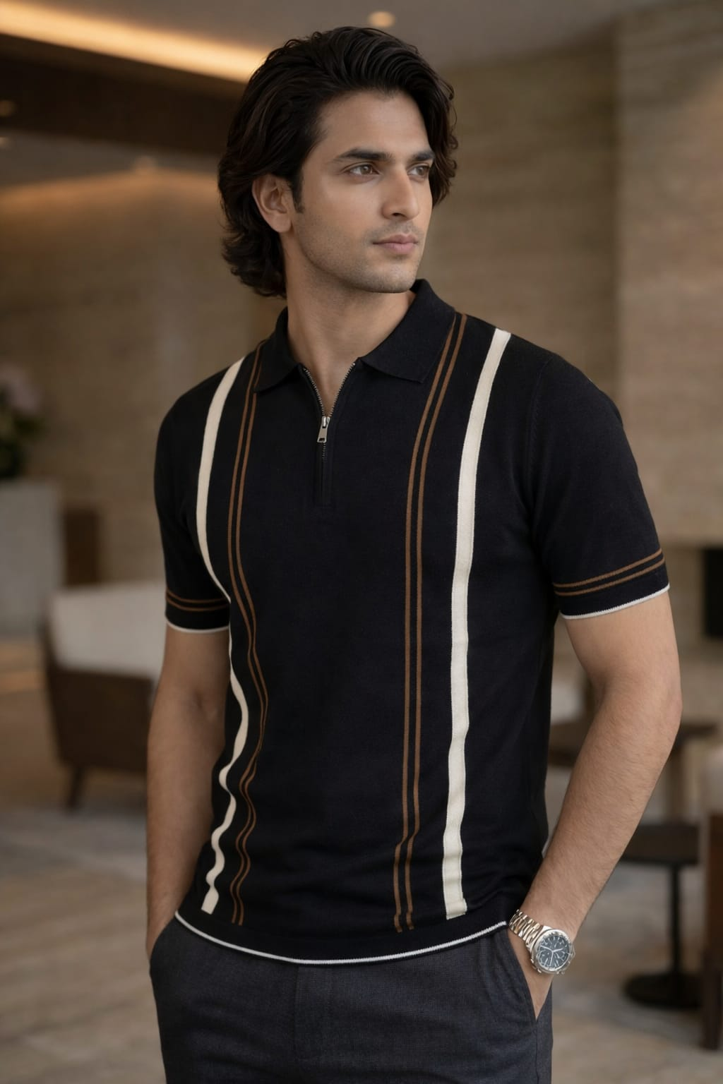 Luxe Stripe Zip Polo – Black