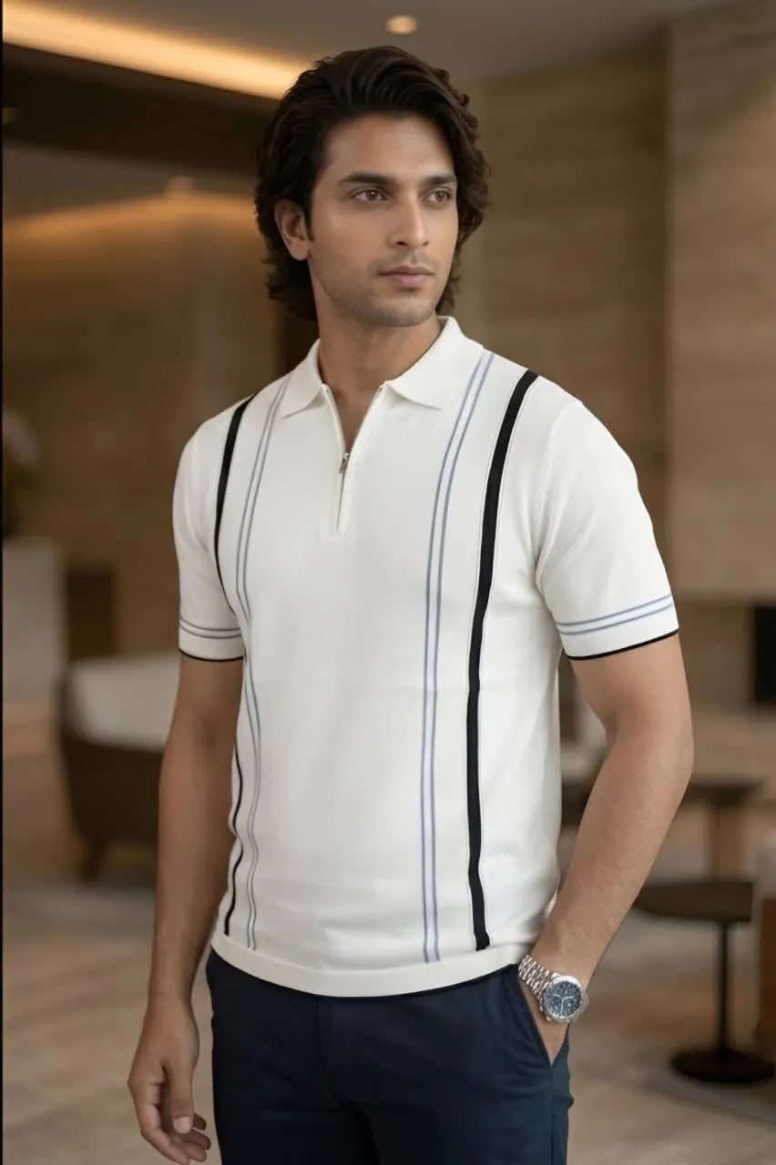 Luxe Stripe Zip Polo – Ivory White