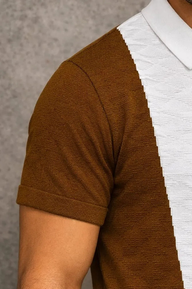 Geometric Colourblock Knit Polo T-Shirt – Ivory White