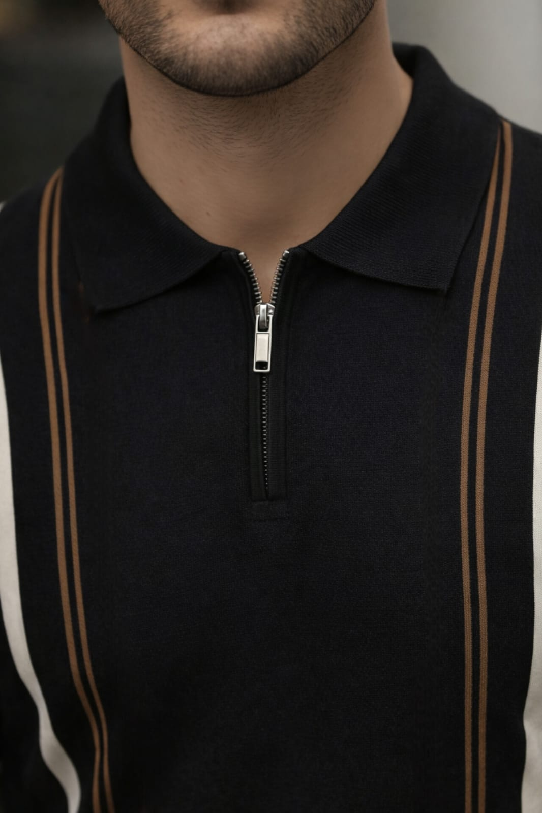 Luxe Stripe Zip Polo – Black