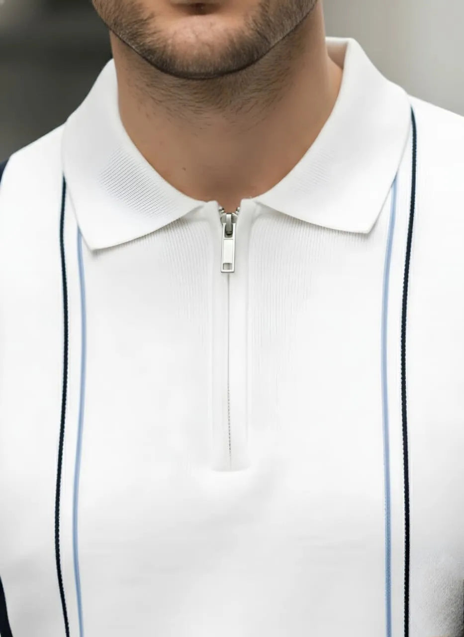 Luxe Stripe Zip Polo – Ivory White