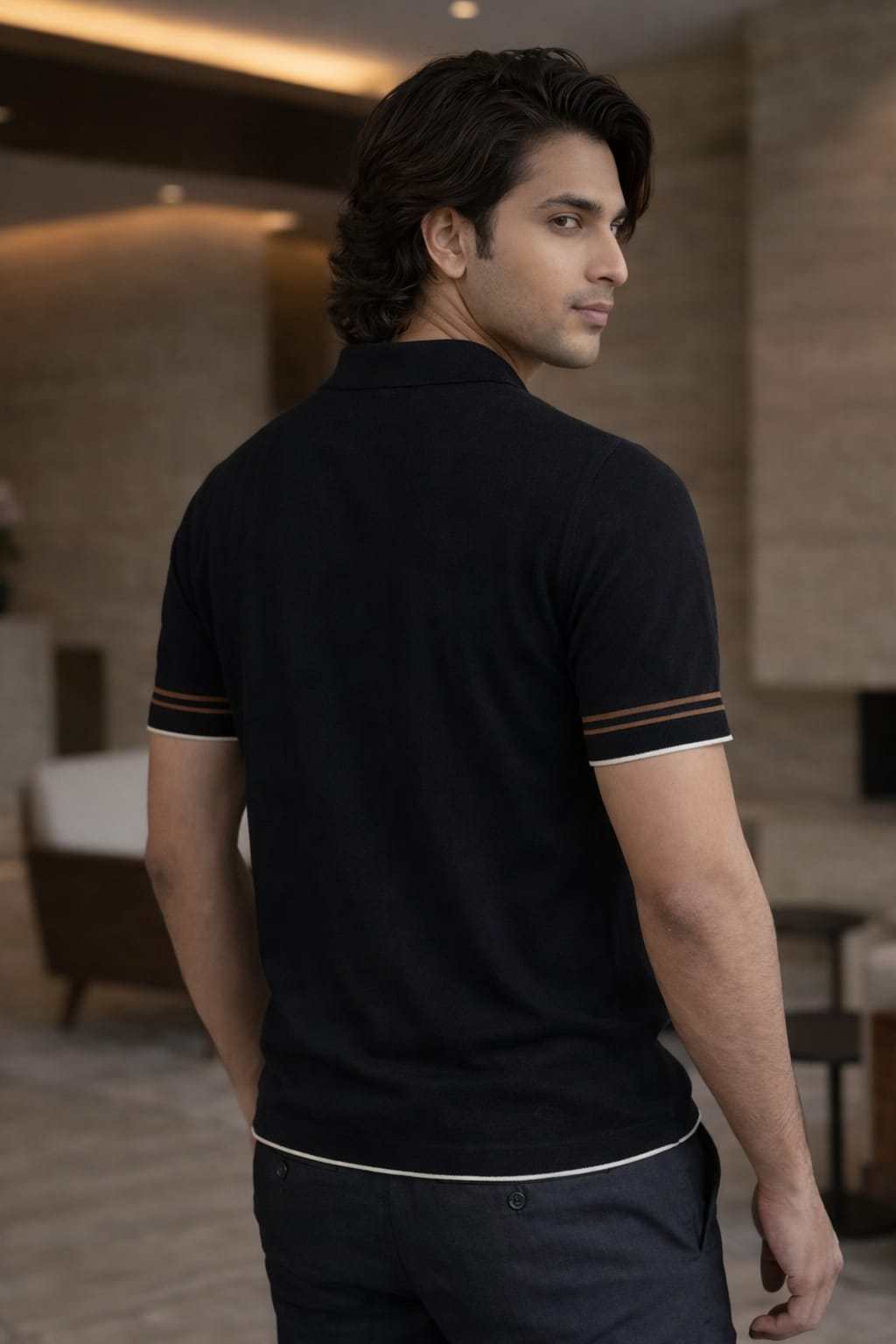 Luxe Stripe Zip Polo – Black