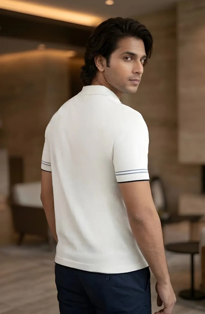 Luxe Stripe Zip Polo – Ivory White
