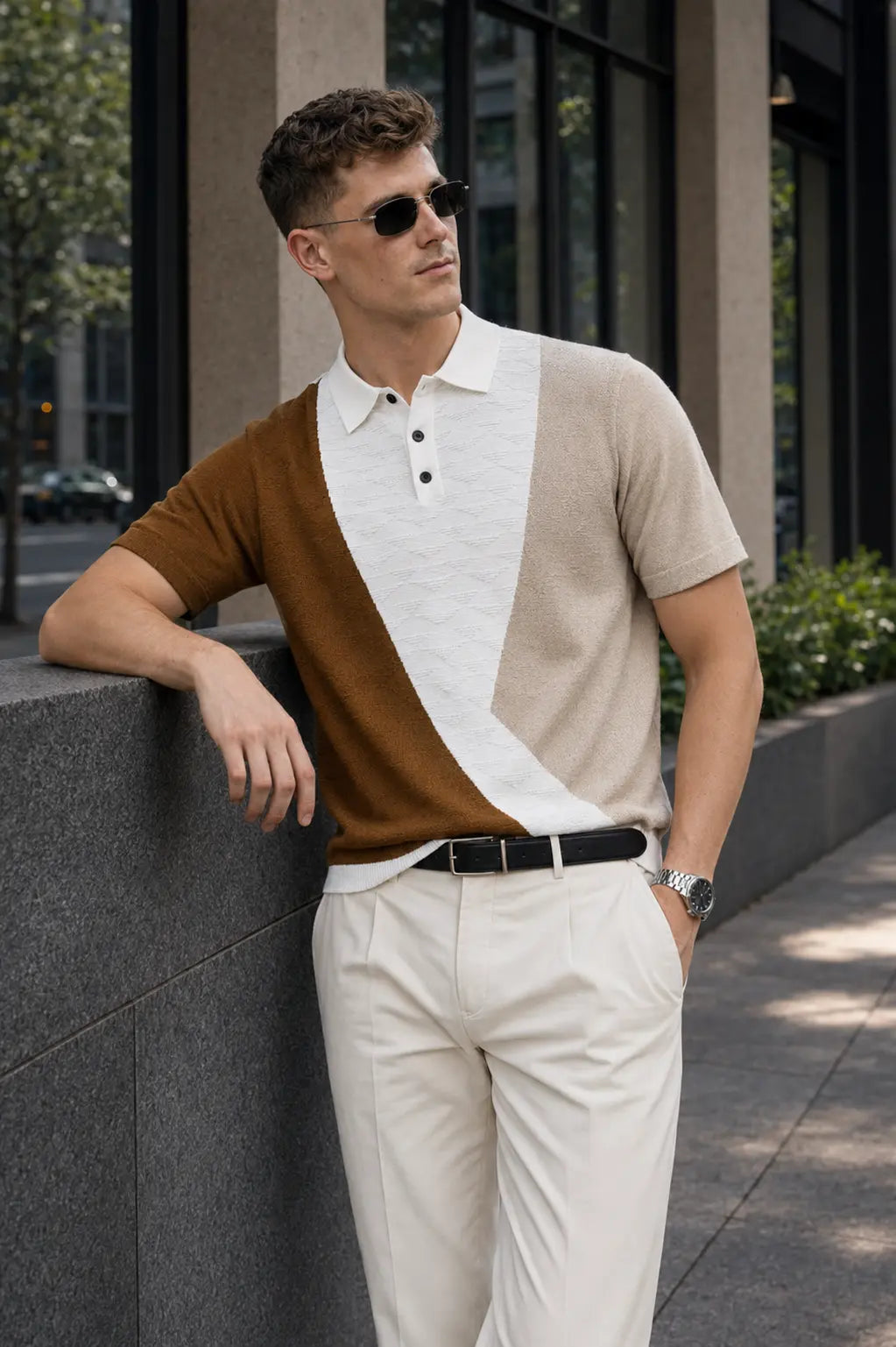 Geometric Colourblock Knit Polo T-Shirt – Ivory White