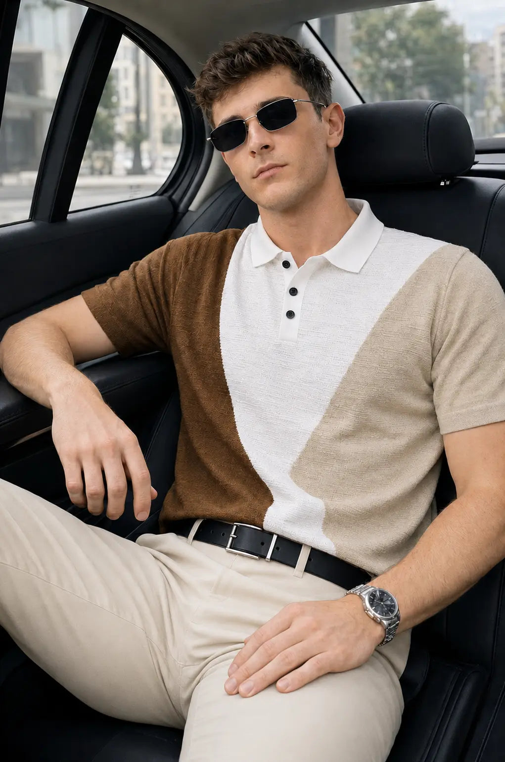 Geometric Colourblock Knit Polo T-Shirt – Ivory White