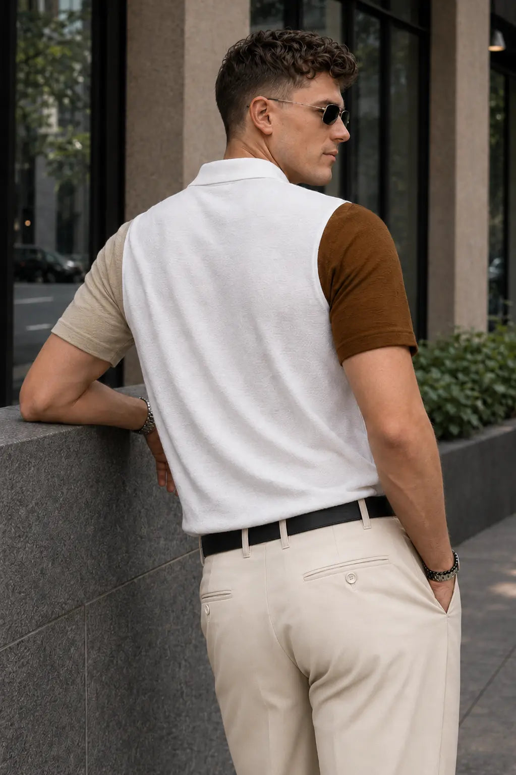 Geometric Colourblock Knit Polo T-Shirt – Ivory White