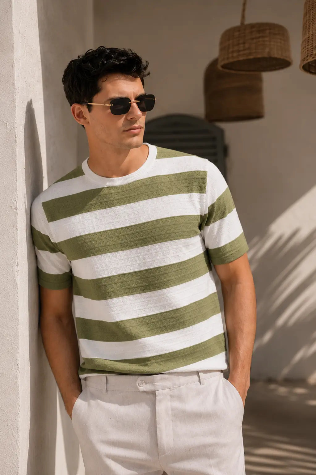 Textured Bold Stripe Knit T-Shirt – Olive Green