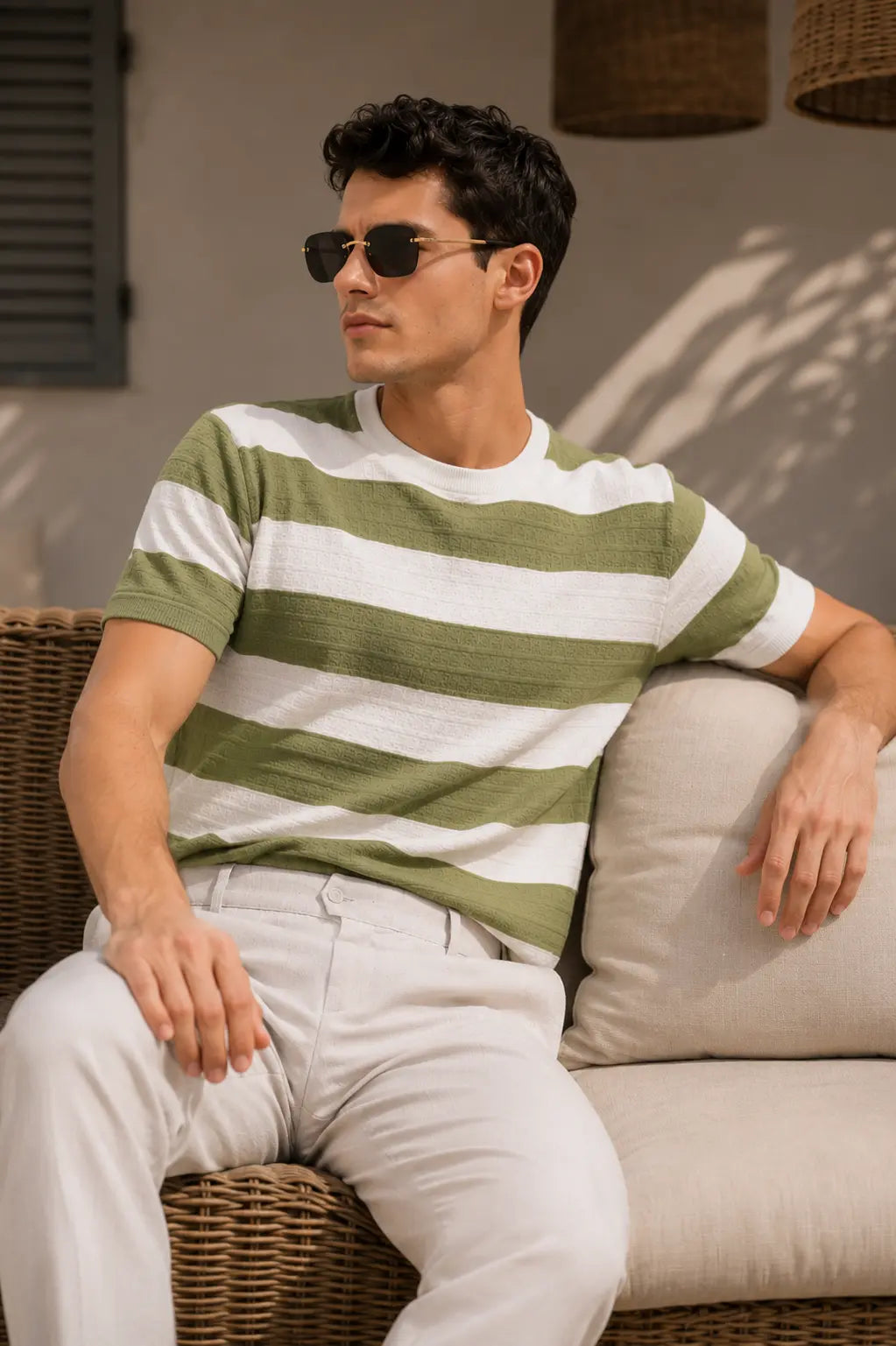 Textured Bold Stripe Knit T-Shirt – Olive Green