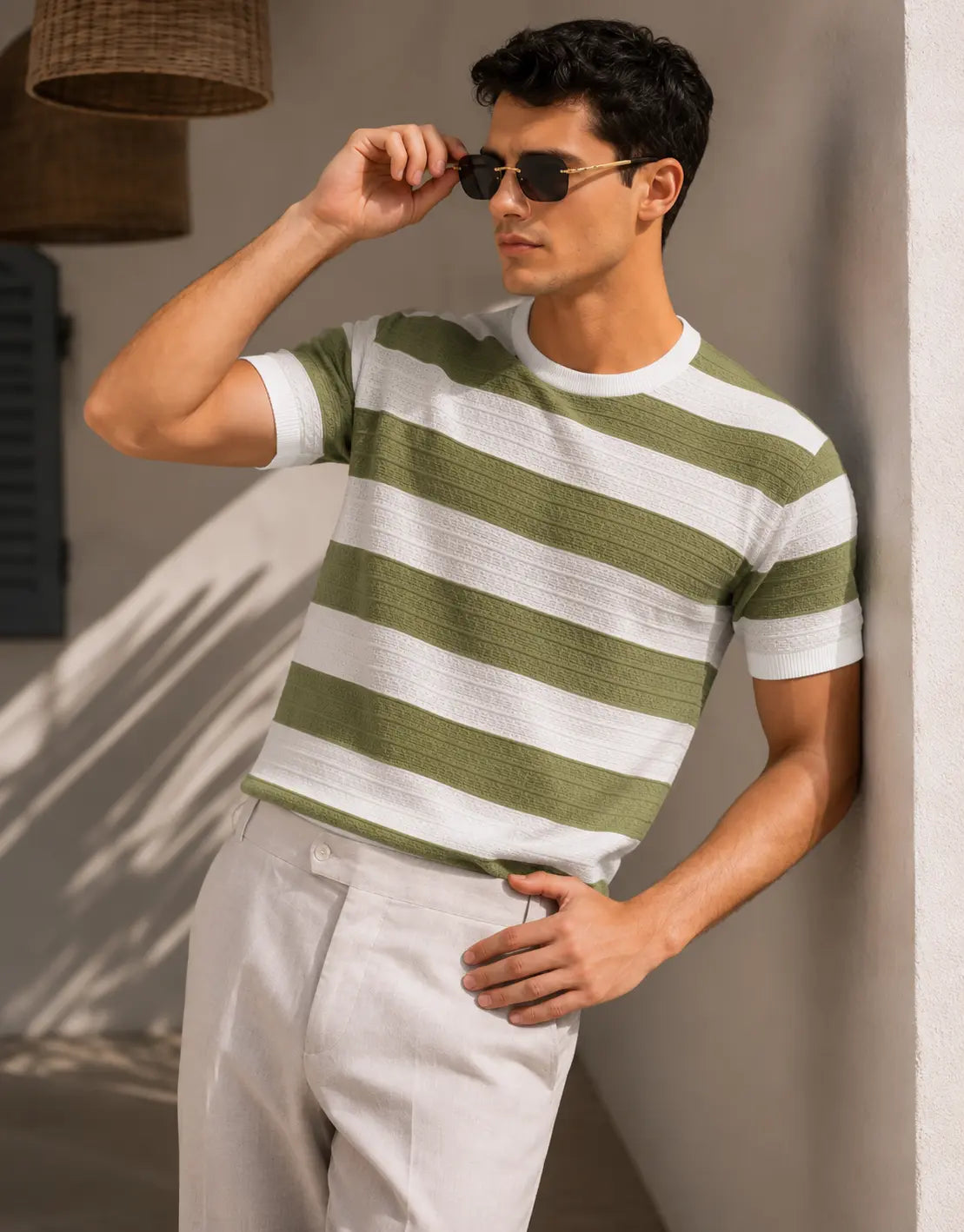 Textured Bold Stripe Knit T-Shirt – Olive Green