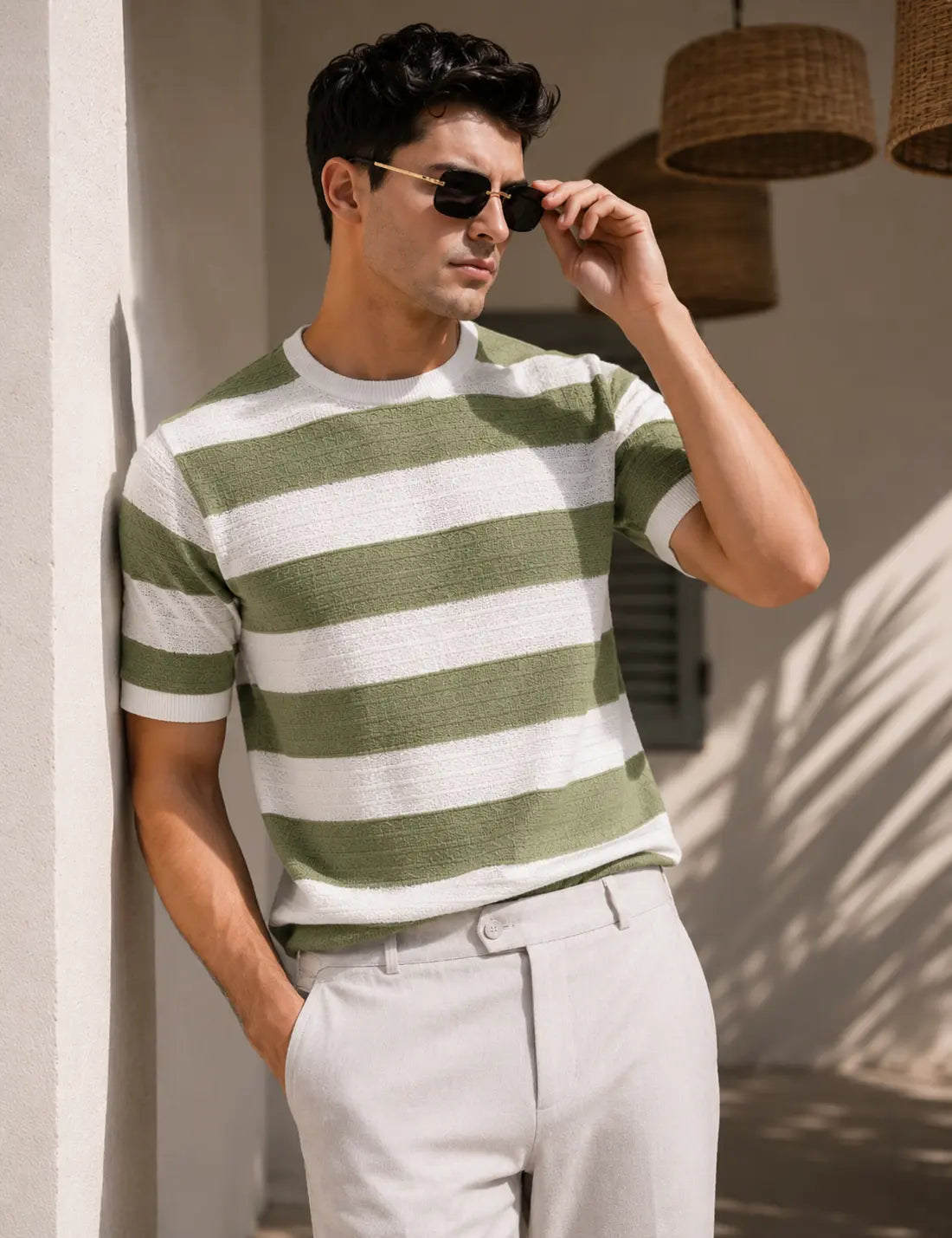 Textured Bold Stripe Knit T-Shirt – Olive Green