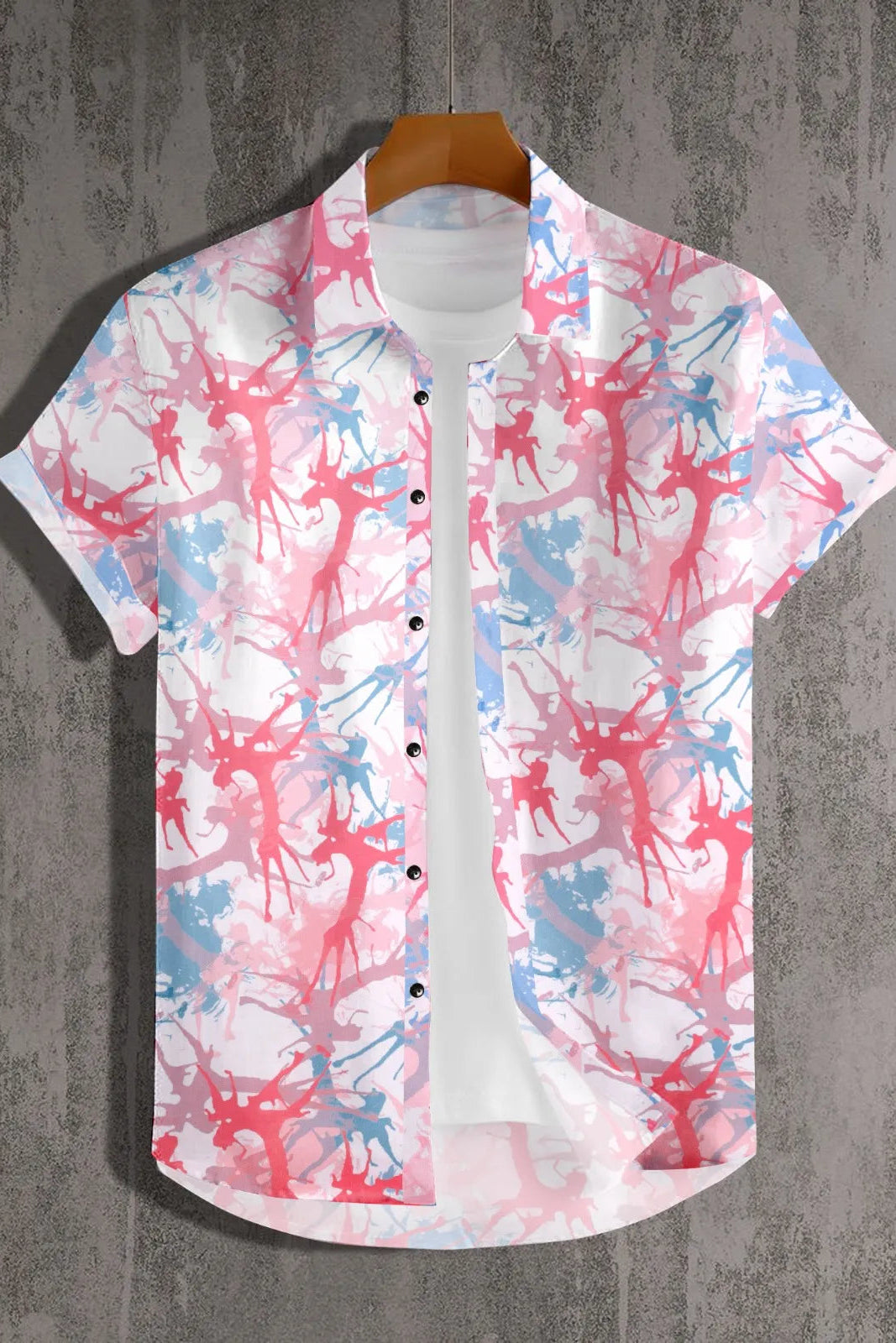 Short-sleeve shirt with abstract red and blue pattern on a textured gray background