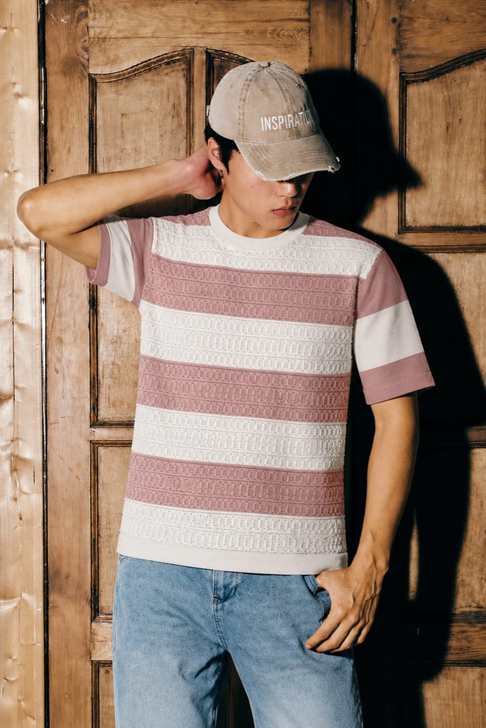 Textured Bold Stripe Knit T-Shirt – Pink