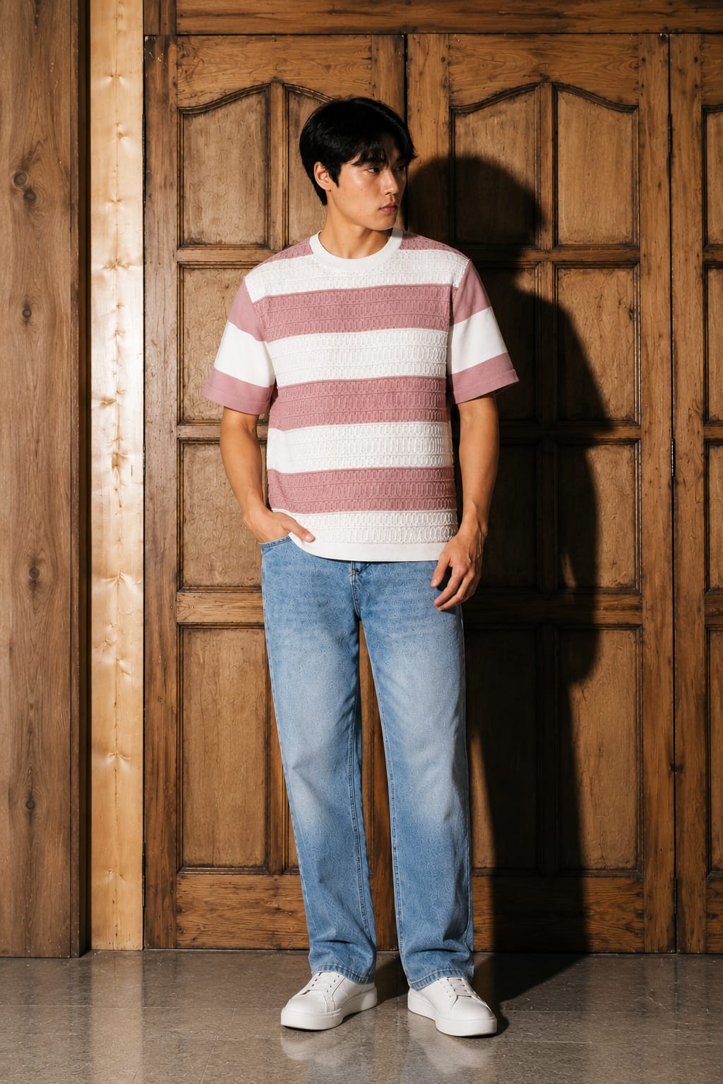 Textured Bold Stripe Knit T-Shirt – Pink