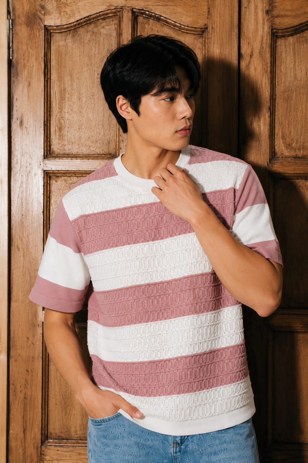 Textured Bold Stripe Knit T-Shirt – Pink
