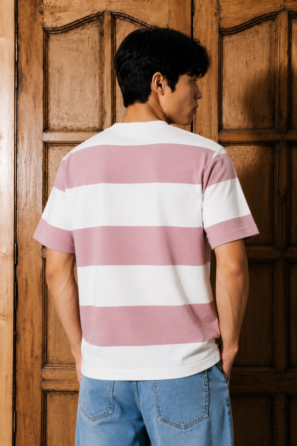 Textured Bold Stripe Knit T-Shirt – Pink