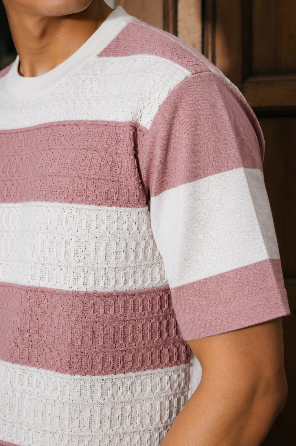 Textured Bold Stripe Knit T-Shirt – Pink