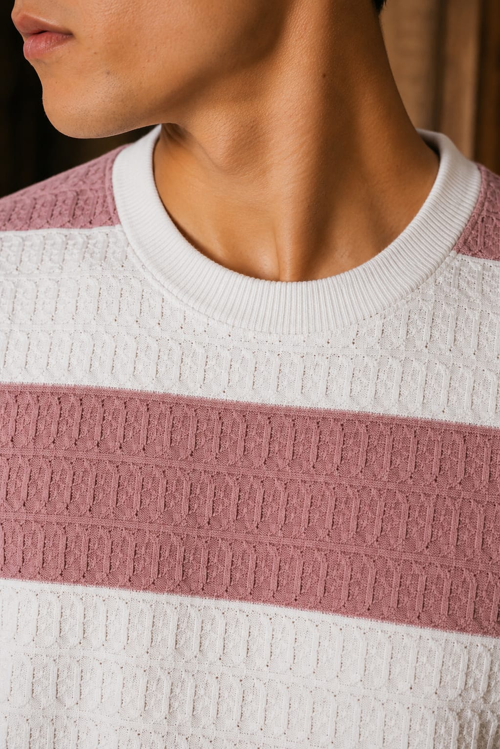 Textured Bold Stripe Knit T-Shirt – Pink