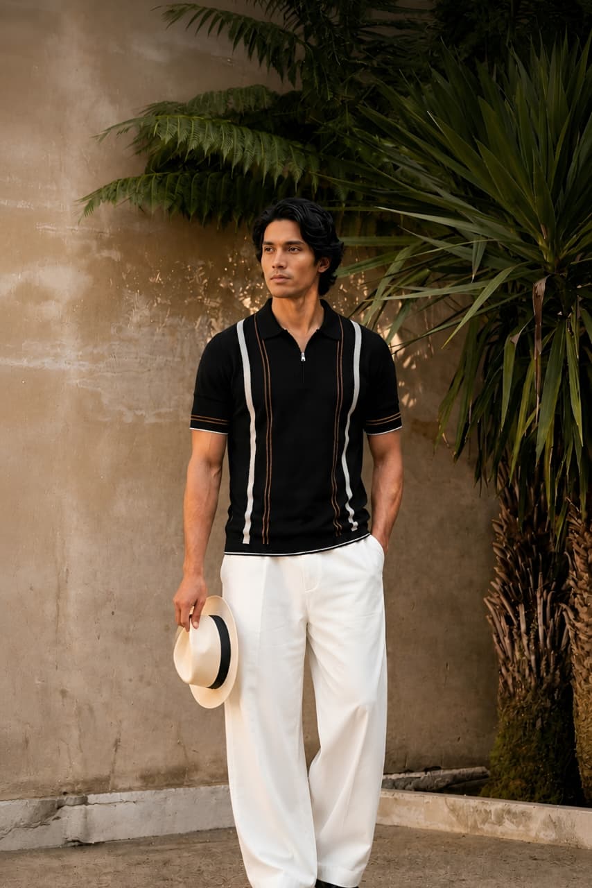 Luxe Stripe Zip Polo – Black