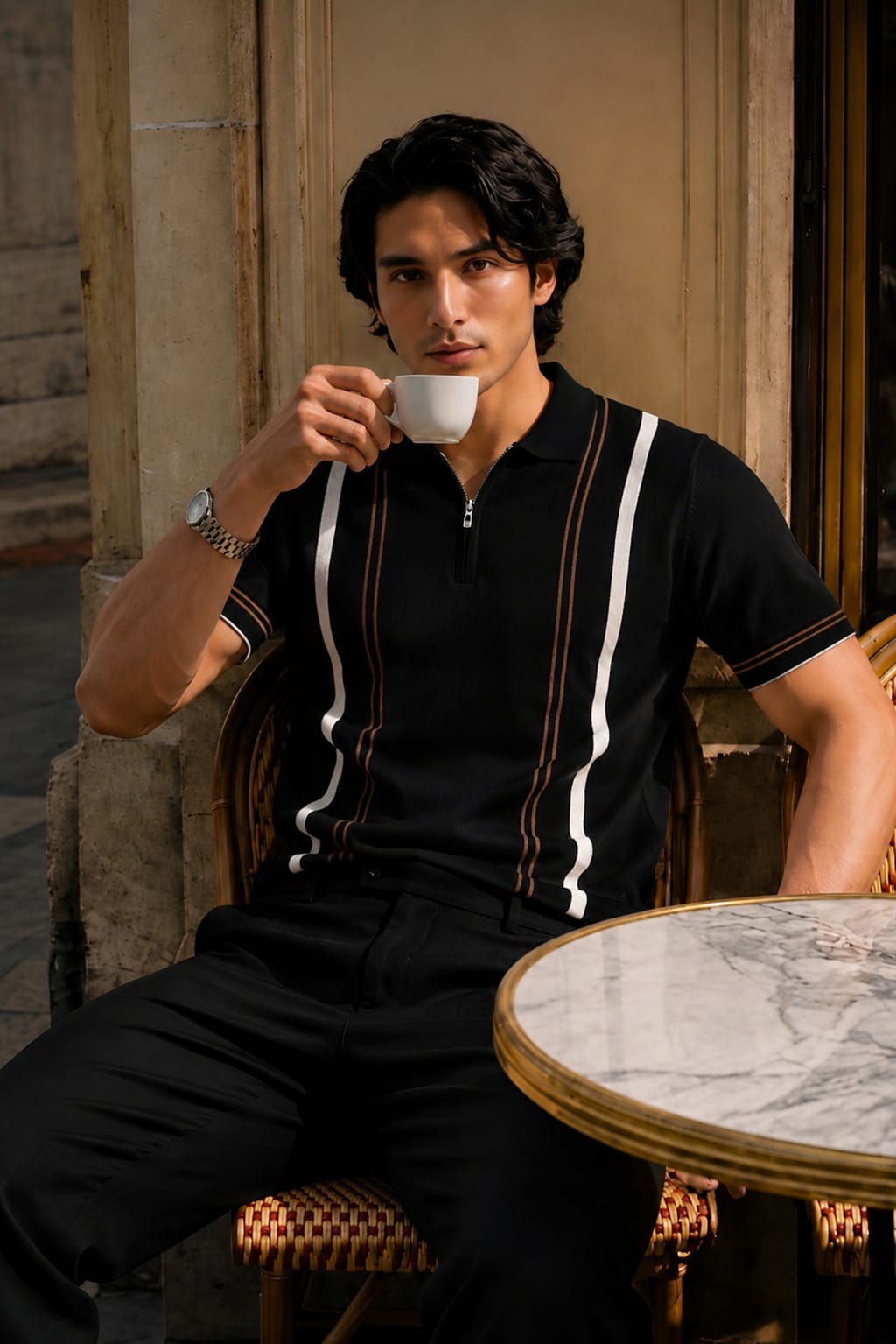 Luxe Stripe Zip Polo – Black